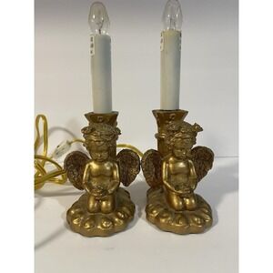 2 Vintage Angel Cherub Electric Candle Lamps Gold Tone Working